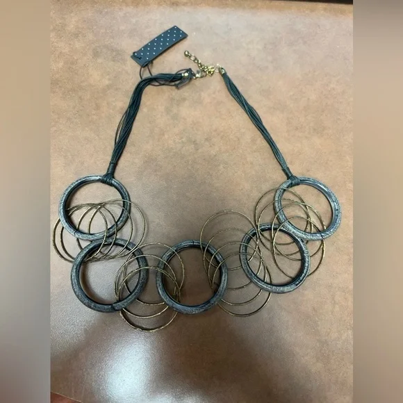 Black and Gold Hoop Necklace with earrings-Contemporary, statement piece - Picture 5 of 9